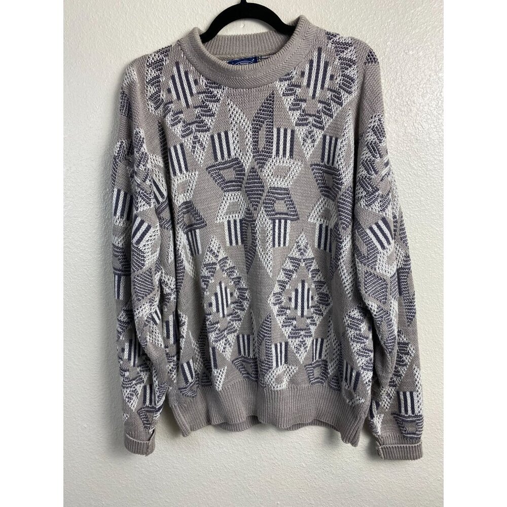 Vintage Boat House Row Geometric Grandpa Sweater Men Sizeโ Large Fisherman Beige